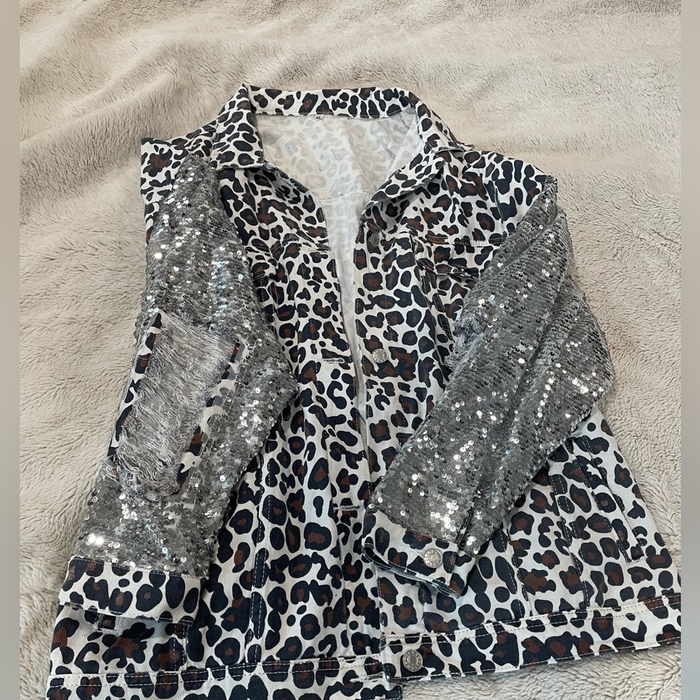 Cheetah & Sequin Jacket with Distressed Sleeves
